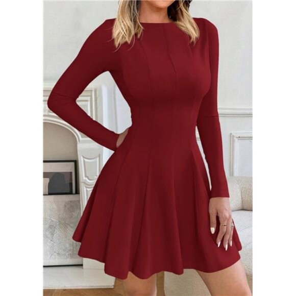 Women Elegant A Line Long Sleeve Mini Dress Red Women Elegant A Line Long Sleeve Mini Dress Red